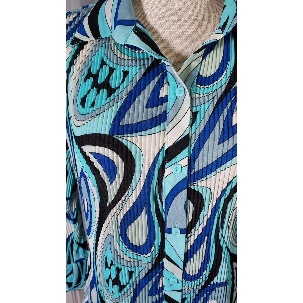 Cato Button Up Shirt Womens Large Blue Psychedelic Plisse Ruffle Bell Sleeve - Picture 2 of 7